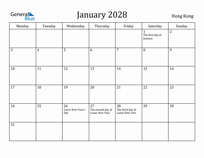 January 2028 Calendar Hong Kong