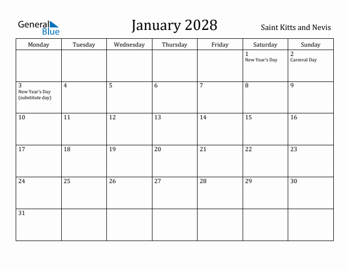 January 2028 Calendar Saint Kitts and Nevis