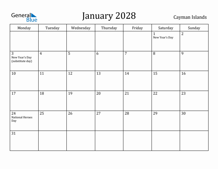 January 2028 Calendar Cayman Islands