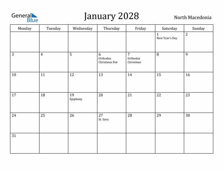January 2028 Calendar North Macedonia