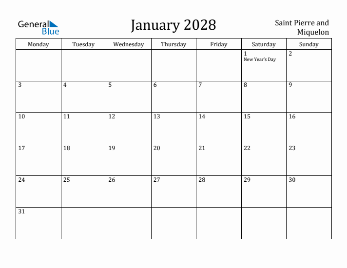 January 2028 Calendar Saint Pierre and Miquelon