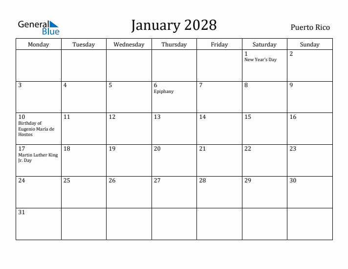 January 2028 Calendar Puerto Rico