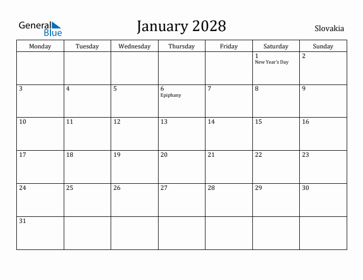 January 2028 Calendar Slovakia