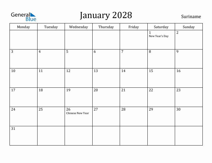 January 2028 Calendar Suriname