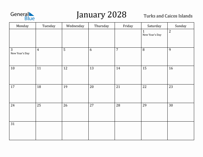 January 2028 Calendar Turks and Caicos Islands
