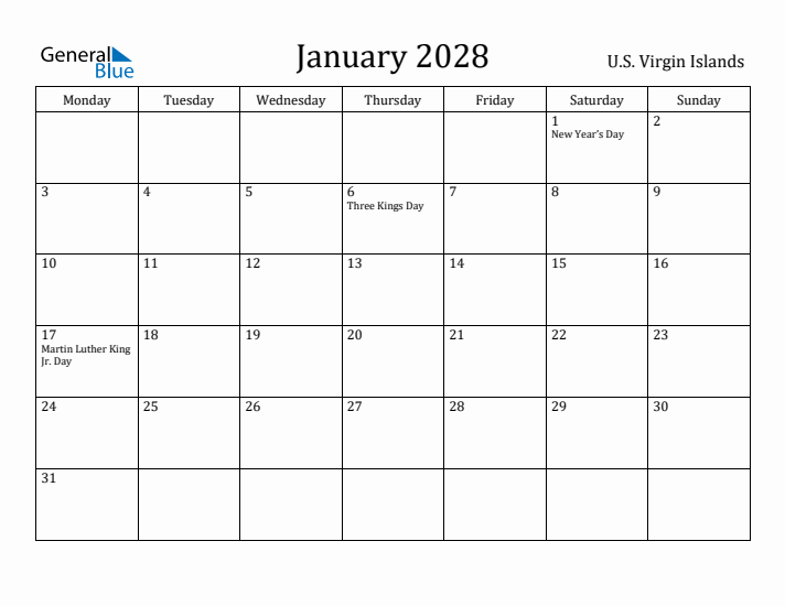January 2028 Calendar U.S. Virgin Islands