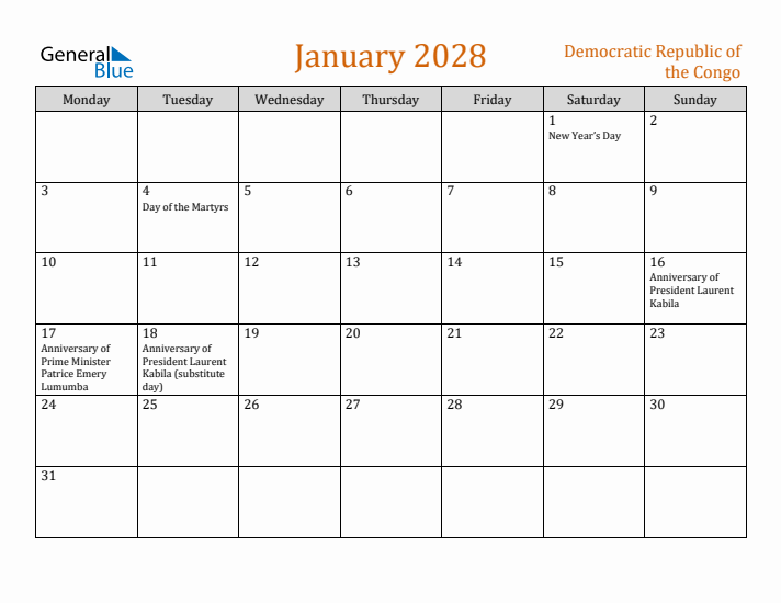 January 2028 Holiday Calendar with Monday Start