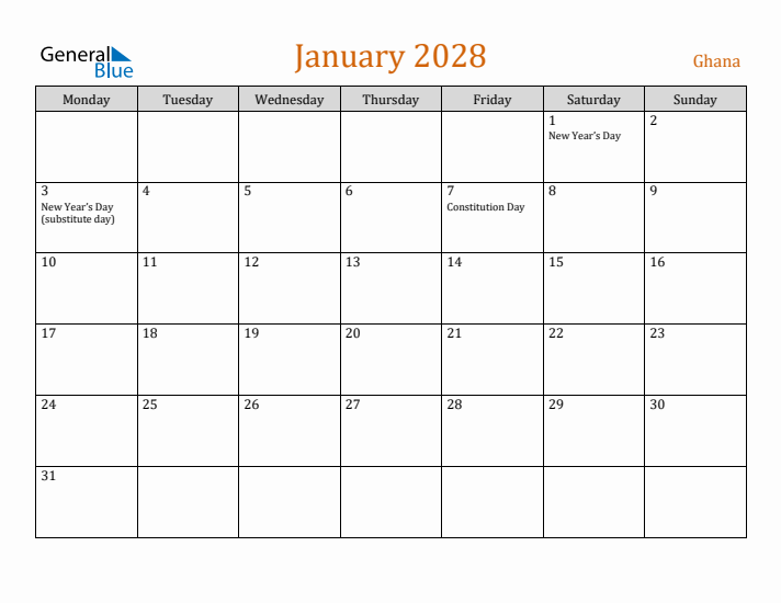 January 2028 Holiday Calendar with Monday Start