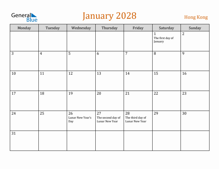 January 2028 Holiday Calendar with Monday Start