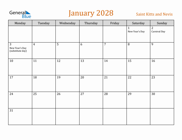 January 2028 Holiday Calendar with Monday Start