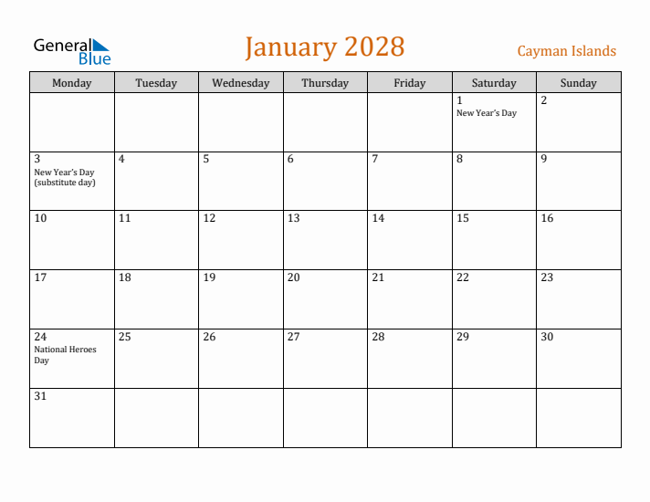 January 2028 Holiday Calendar with Monday Start