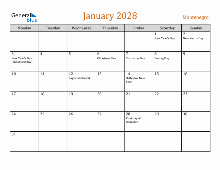 January 2028 Holiday Calendar with Monday Start