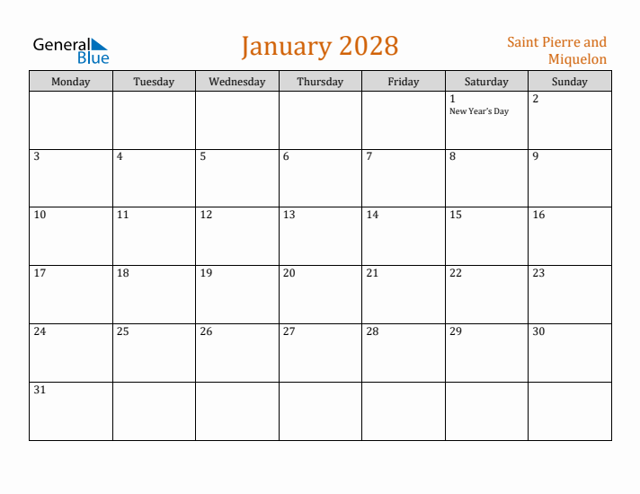 January 2028 Holiday Calendar with Monday Start