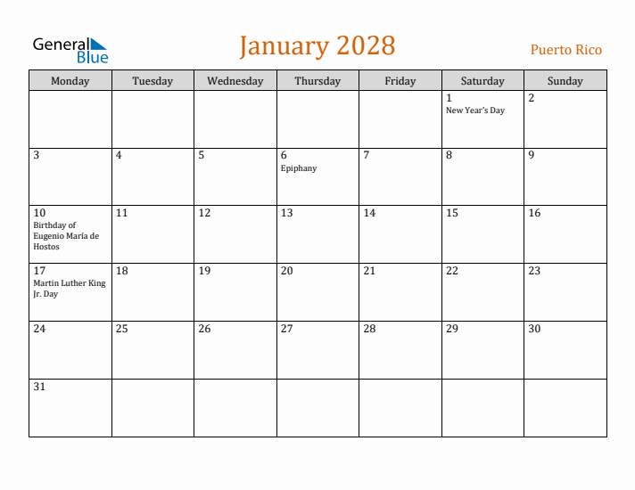 January 2028 Holiday Calendar with Monday Start