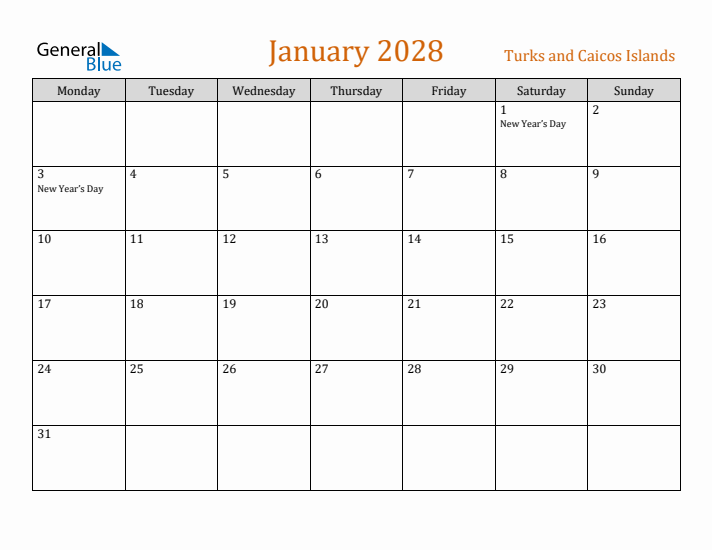 January 2028 Holiday Calendar with Monday Start