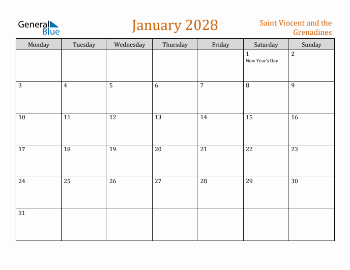 January 2028 Holiday Calendar with Monday Start