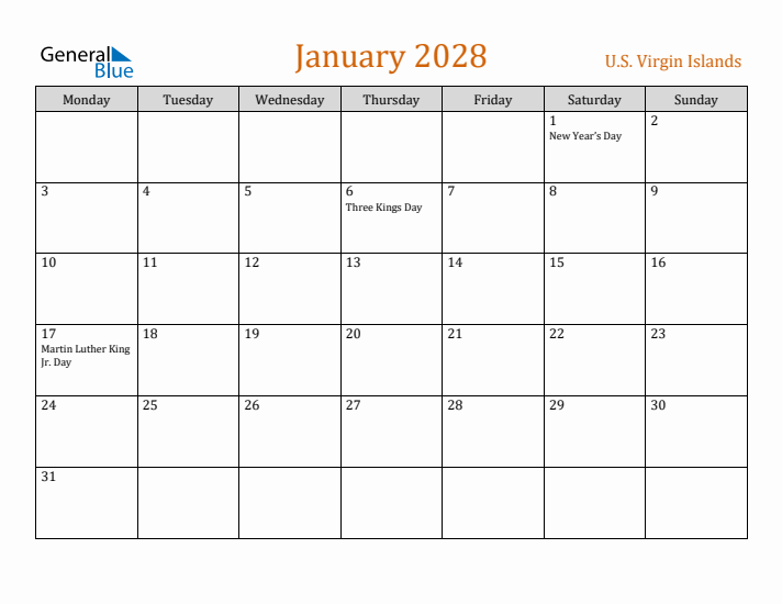 January 2028 Holiday Calendar with Monday Start