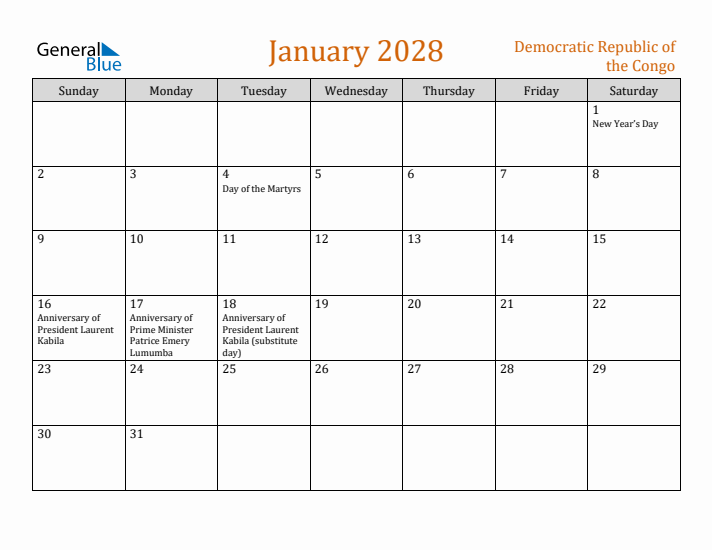 January 2028 Holiday Calendar with Sunday Start