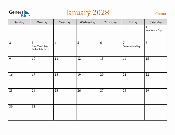 January 2028 Holiday Calendar with Sunday Start