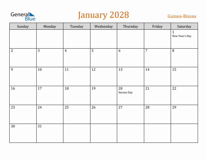 January 2028 Holiday Calendar with Sunday Start