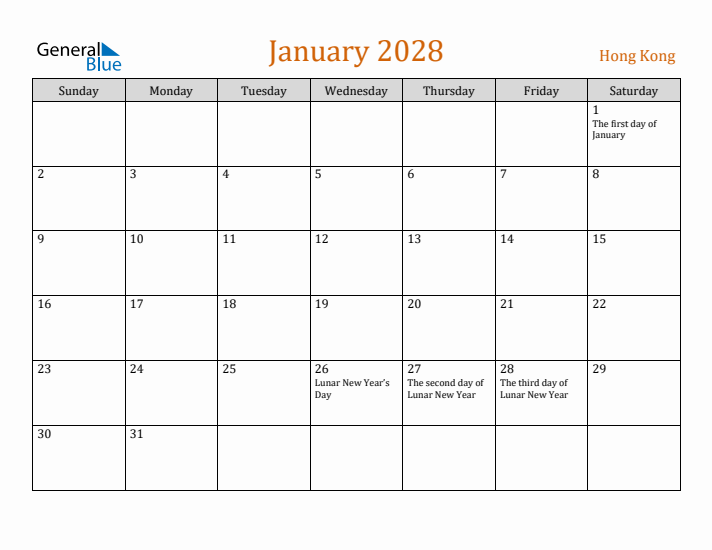 January 2028 Holiday Calendar with Sunday Start