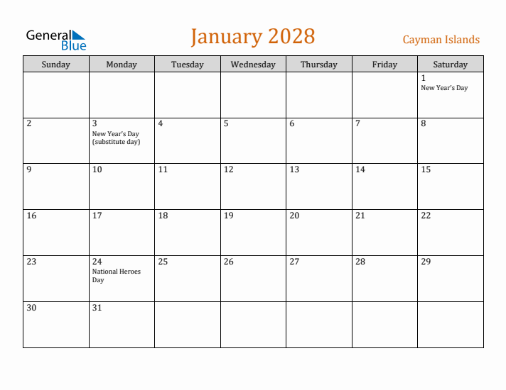January 2028 Holiday Calendar with Sunday Start