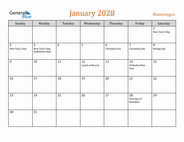 January 2028 Holiday Calendar with Sunday Start