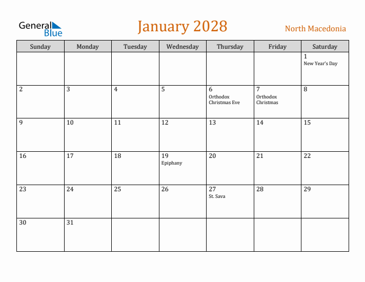 January 2028 Holiday Calendar with Sunday Start