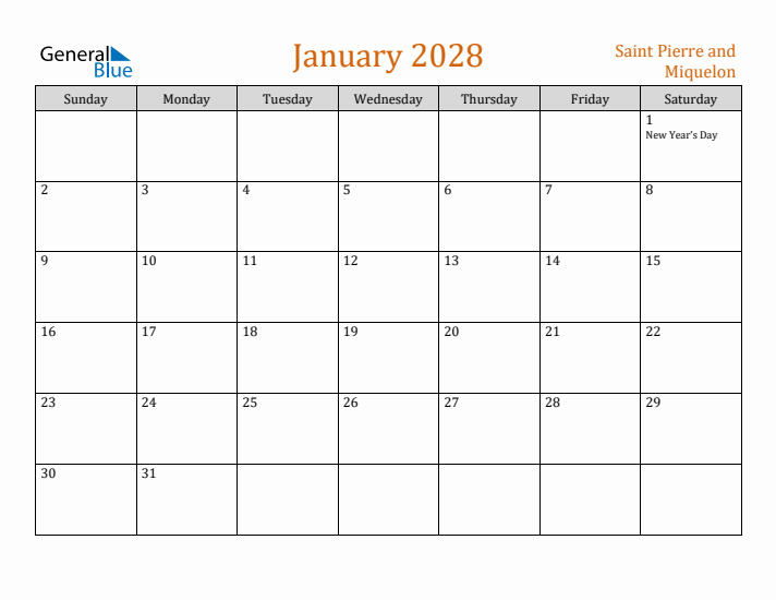 January 2028 Holiday Calendar with Sunday Start
