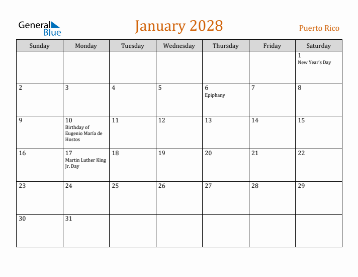 January 2028 Holiday Calendar with Sunday Start