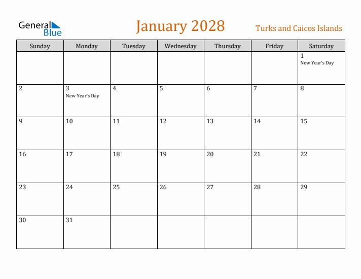 January 2028 Holiday Calendar with Sunday Start