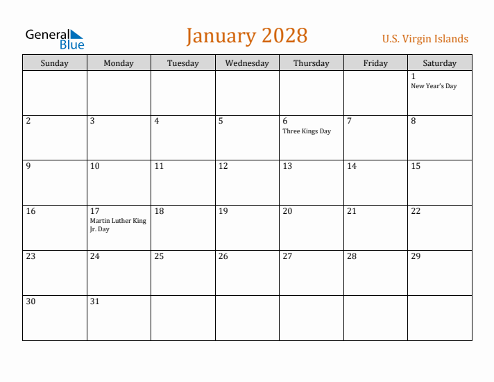 January 2028 Holiday Calendar with Sunday Start