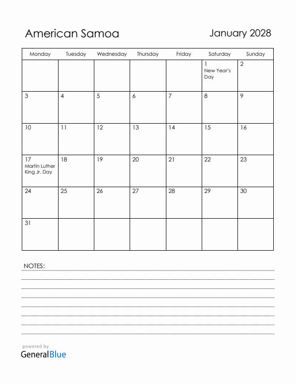 January 2028 American Samoa Calendar with Holidays (Monday Start)