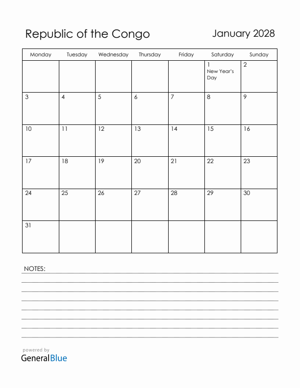 January 2028 Republic of the Congo Calendar with Holidays (Monday Start)