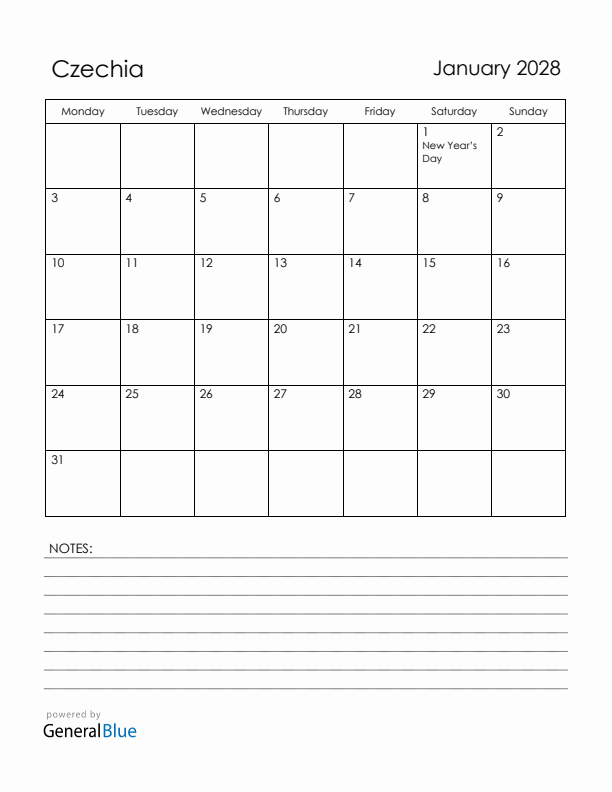 January 2028 Czechia Calendar with Holidays (Monday Start)