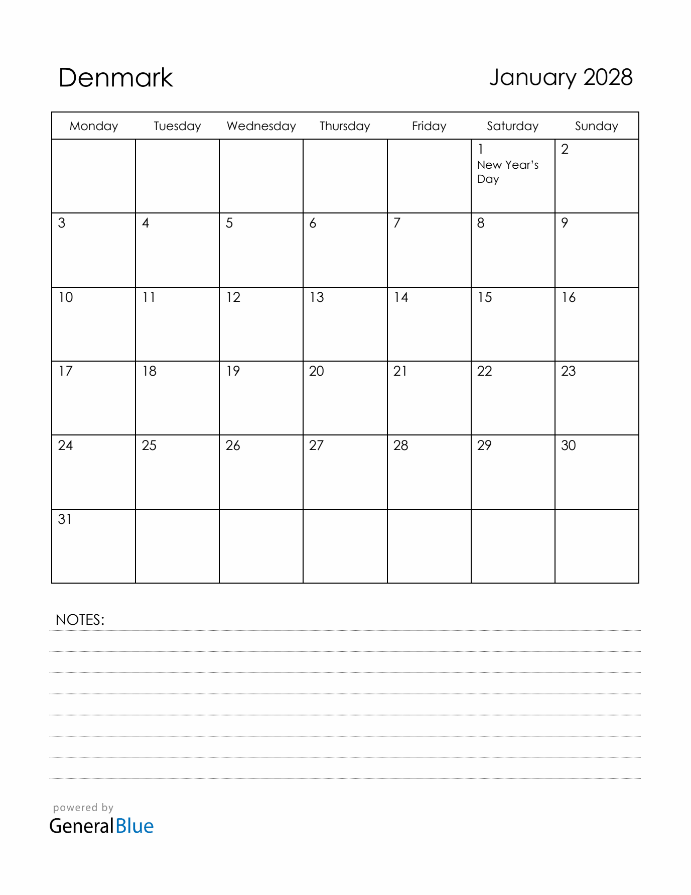January 2028 Denmark Calendar with Holidays (Monday Start)