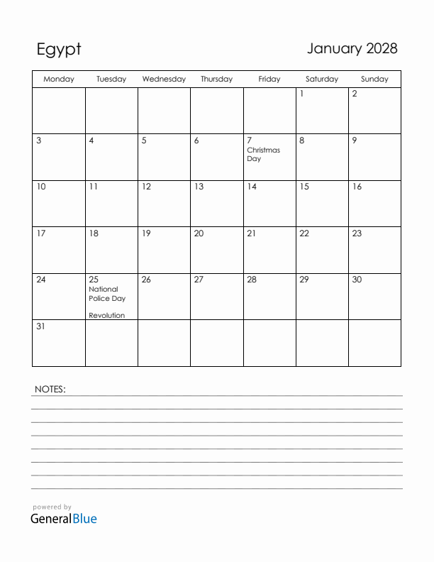 January 2028 Egypt Calendar with Holidays (Monday Start)