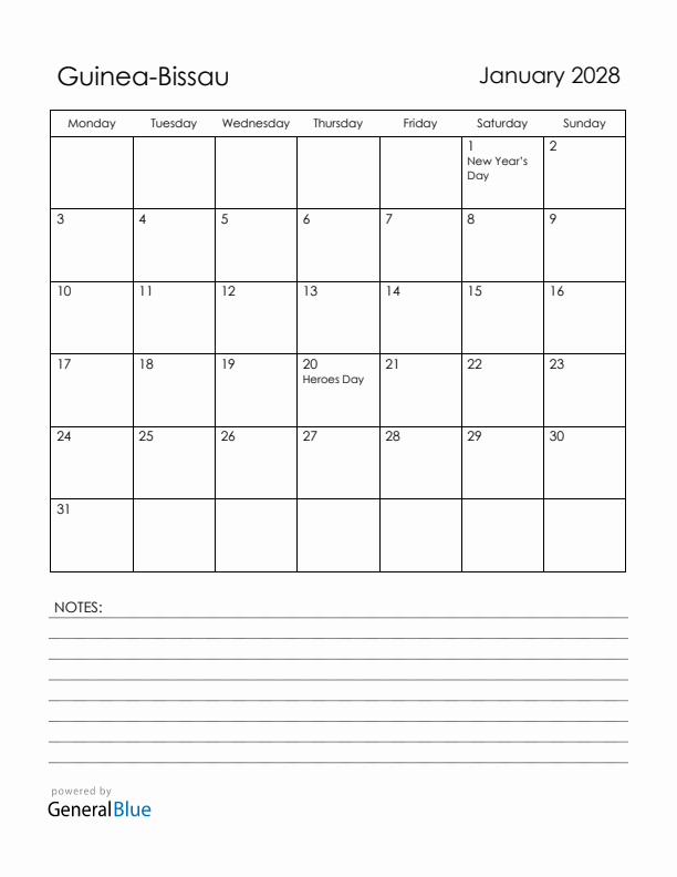 January 2028 Guinea-Bissau Calendar with Holidays (Monday Start)