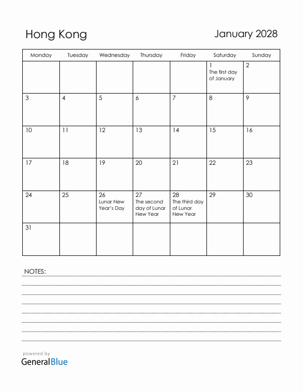 January 2028 Hong Kong Calendar with Holidays (Monday Start)