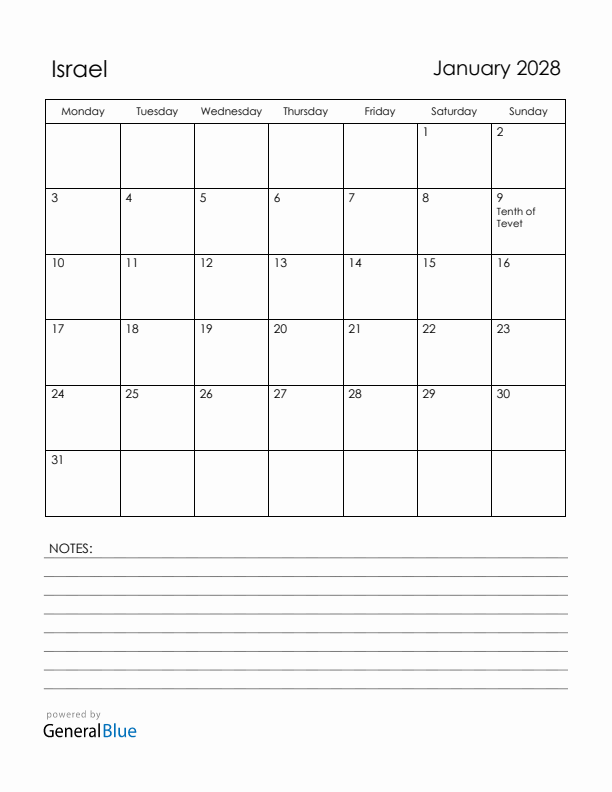January 2028 Israel Calendar with Holidays (Monday Start)