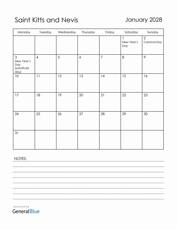 January 2028 Saint Kitts and Nevis Calendar with Holidays (Monday Start)