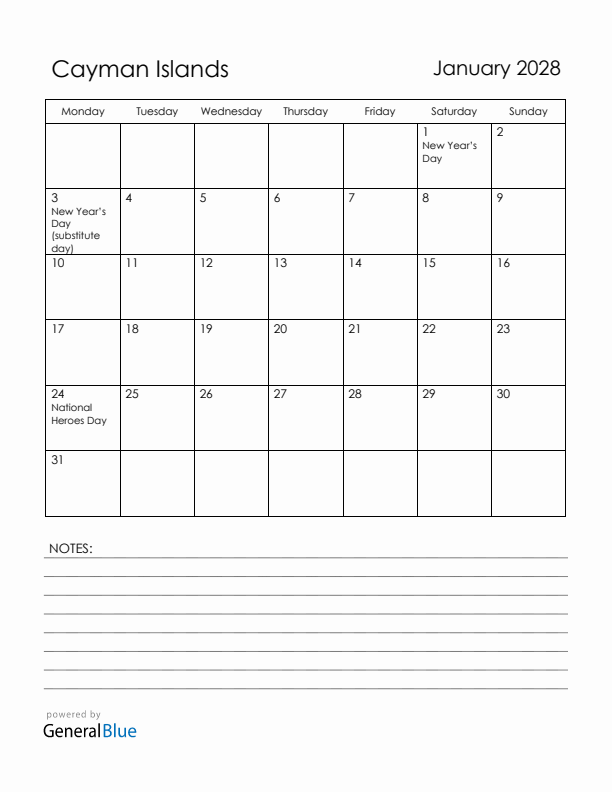 January 2028 Cayman Islands Calendar with Holidays (Monday Start)