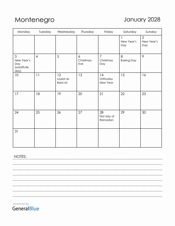 January 2028 Montenegro Calendar with Holidays (Monday Start)