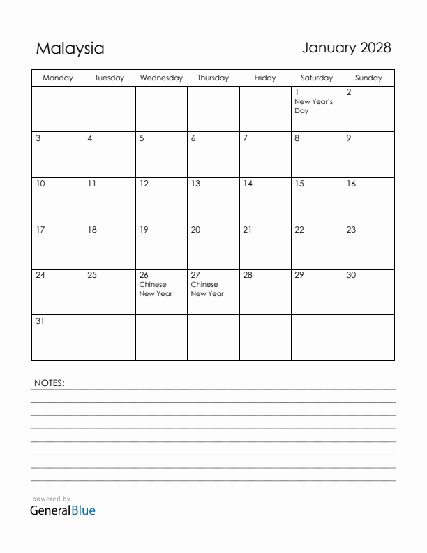 January 2028 Malaysia Calendar with Holidays (Monday Start)
