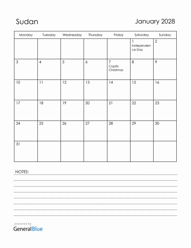 January 2028 Sudan Calendar with Holidays (Monday Start)