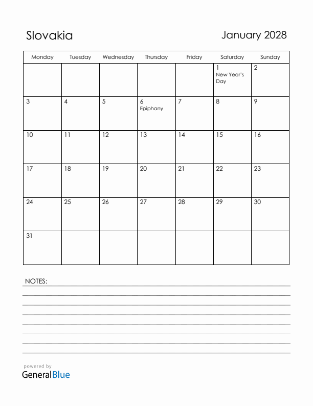 January 2028 Slovakia Calendar with Holidays (Monday Start)