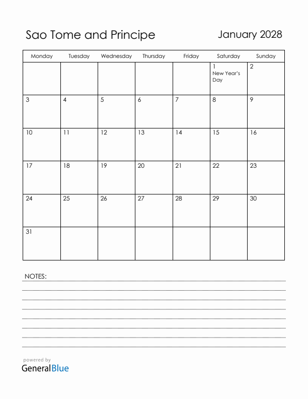 January 2028 Sao Tome and Principe Calendar with Holidays (Monday Start)