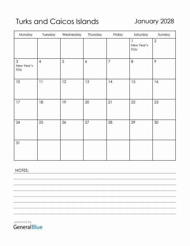January 2028 Turks and Caicos Islands Calendar with Holidays (Monday Start)