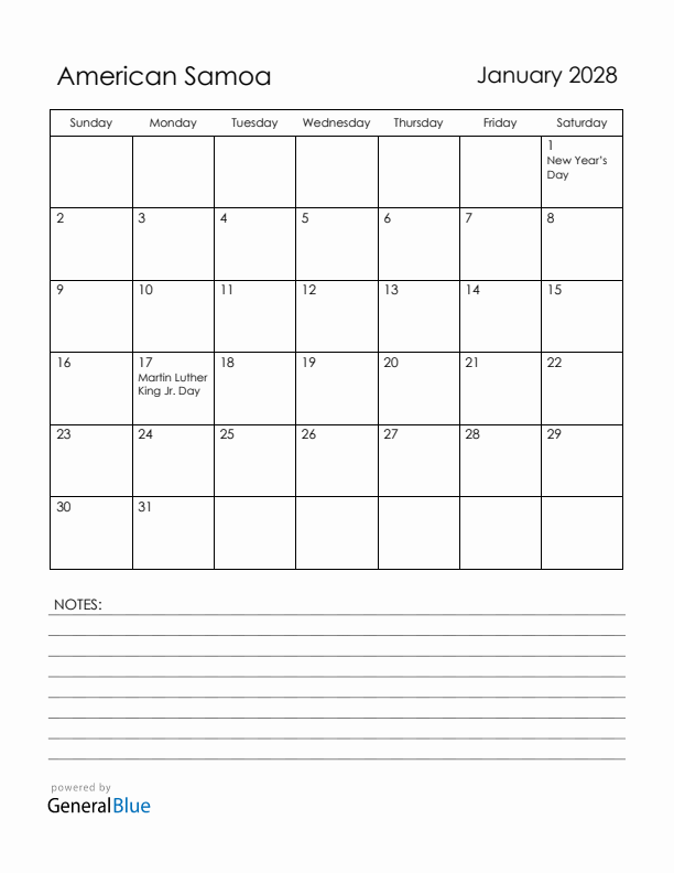 January 2028 American Samoa Calendar with Holidays (Sunday Start)