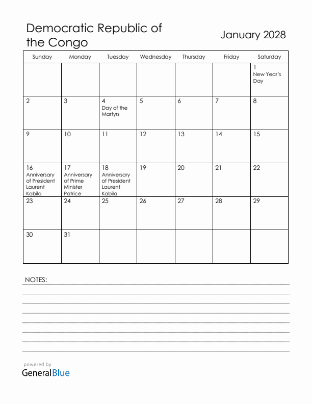 January 2028 Democratic Republic of the Congo Calendar with Holidays (Sunday Start)